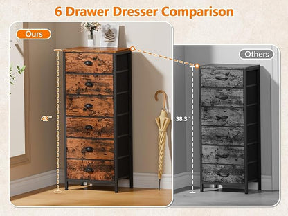 Tall Dresser with 6 Drawers, Fabric Storage Organizer for Bedroom, Living Room, Closet, Entryway (Rustic Brown)