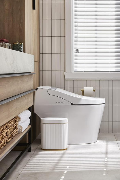 Automatic Motion Sensor Trash Can, 2 Gallon Slim Slimline Bin for Bathroom, Bedroom, Kitchen, Office – White with Gold Trim