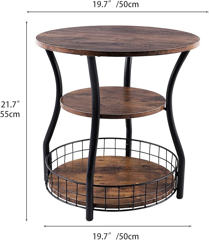 Round 3-Tier Side Table with Storage Shelves, Rustic Brown