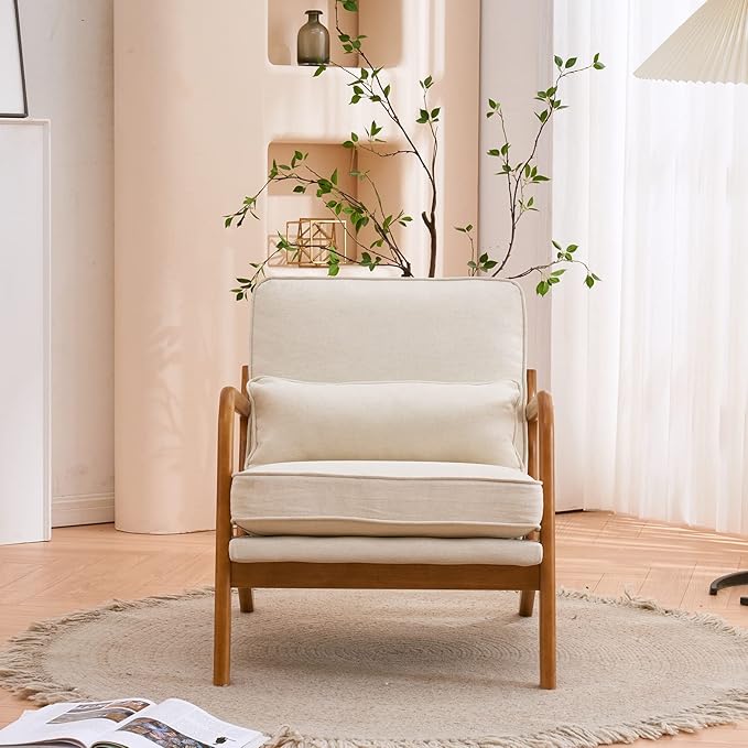 Mid-Century Modern Accent Chair with Pillow, Linen Upholstered Armchair with Solid Wood Frame – Beige