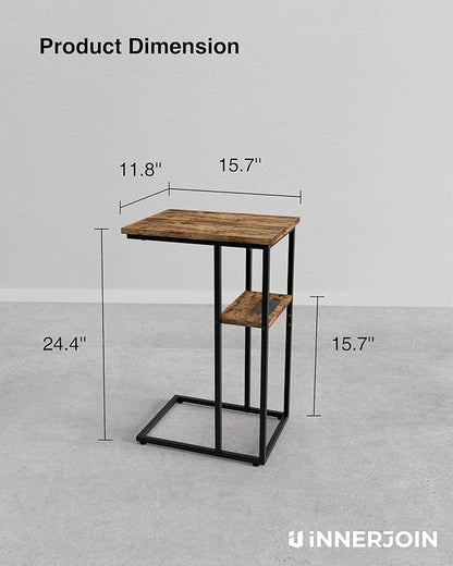 Side Table Set of 2, C-Shaped End Tables with USB Charging & LED Light, Small Sofa Laptop & Snack Tables, Rustic Brown