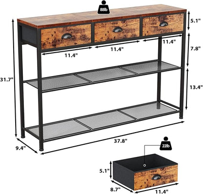Console Table with 3 Drawers and Storage Shelves, Rustic Brown Entryway Table for Living Room or Hallway