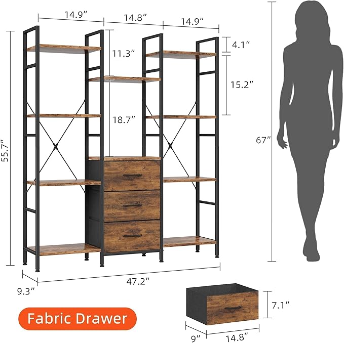 Triple Bookshelf with Fabric Drawers, 4-Tier Storage and Display Shelves, Rustic Brown