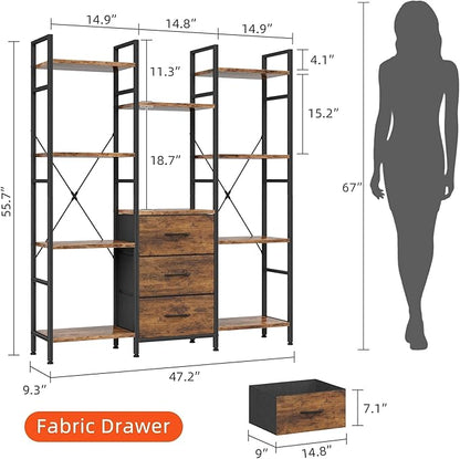 Triple Bookshelf with Fabric Drawers, 4-Tier Storage and Display Shelves, Rustic Brown