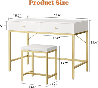 35.4" White and Gold Desk with 2 Drawers and Stool, Modern Vanity or Small Computer Desk