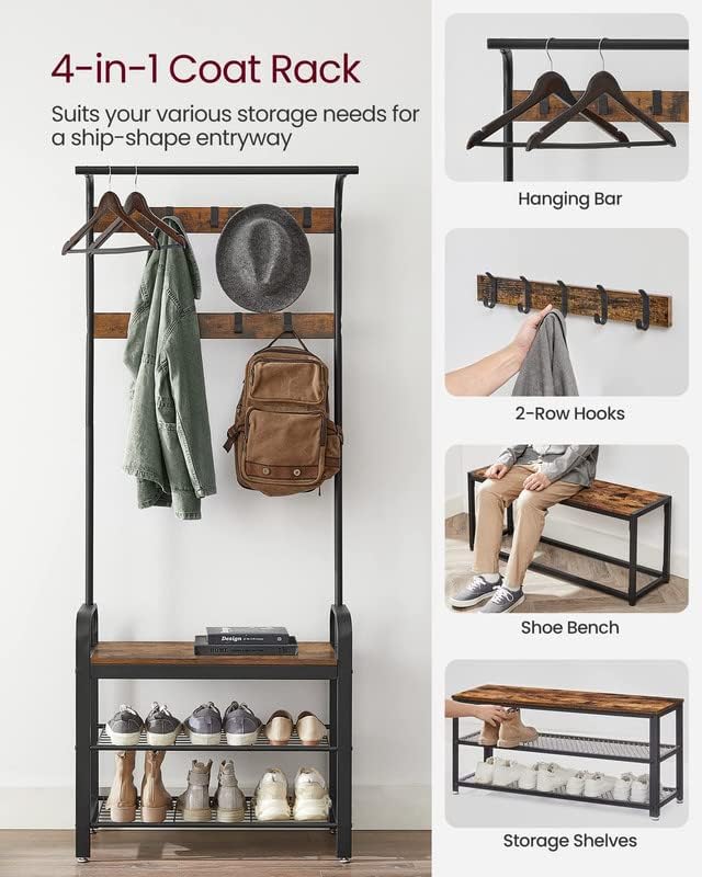Hall Tree with Shoe Bench and Coat Rack, 4-in-1 Entryway Organizer with Hooks and Hanging Rod, Rustic Brown/Black