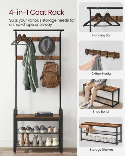 Hall Tree with Shoe Bench and Coat Rack, 4-in-1 Entryway Organizer with Hooks and Hanging Rod, Rustic Brown/Black