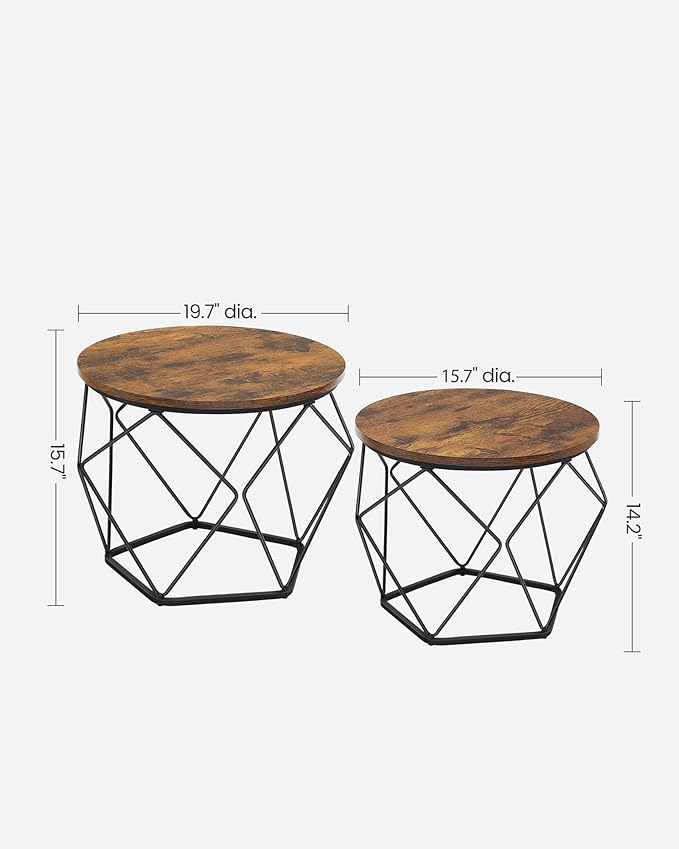 Round Coffee Table Set of 2 with Steel Frame, Side End Tables for Living Room, Bedroom, Office, Rustic Brown and Black
