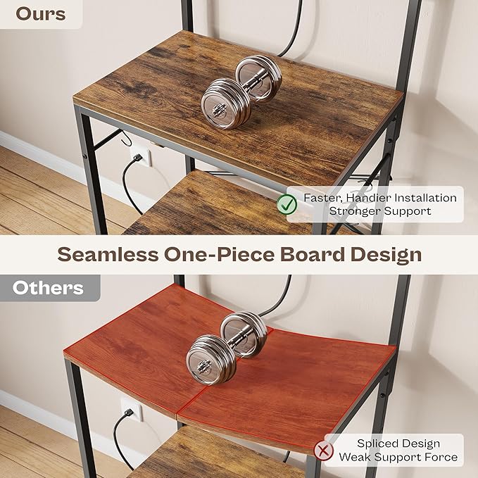 ChatGPT said:  Kitchen Baker’s Rack with Power Outlet – 4-Tier Coffee Bar & Microwave Stand with Hooks, Rustic Brown