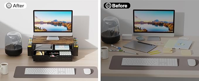 Wood Monitor Stand Riser with Drawer and Pen Holder – 2-Tier Desk Organizer Shelf for Computer, Laptop, and Office Supplies