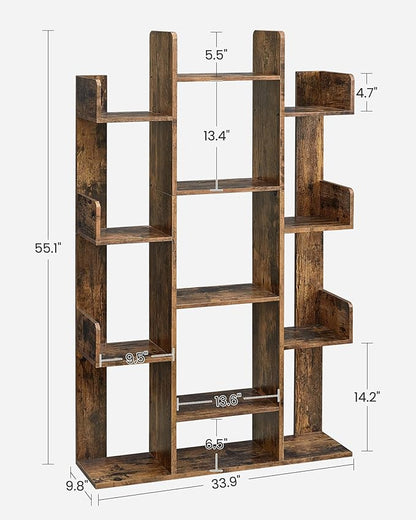 Tree-Shaped Bookshelf with 13 Shelves, Rounded Corners, Rustic Brown, 55" H