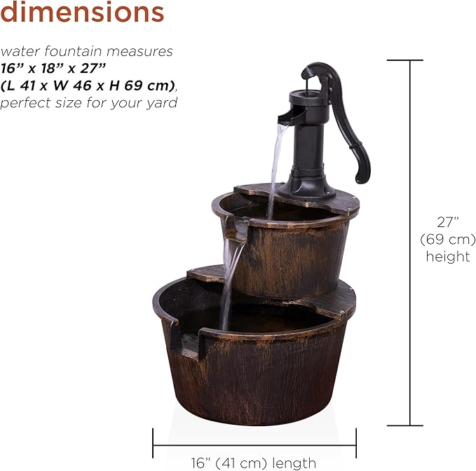 Outdoor Rustic 2-Tier Barrel Water Fountain with Pump, Bronze Finish, 27"