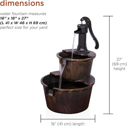 Outdoor Rustic 2-Tier Barrel Water Fountain with Pump, Bronze Finish, 27"