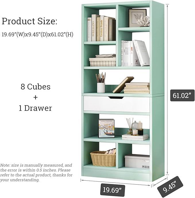 Wooden 8-Cube Bookcase with Drawer, Freestanding Storage Cabinet Organizer, Tiffany Green