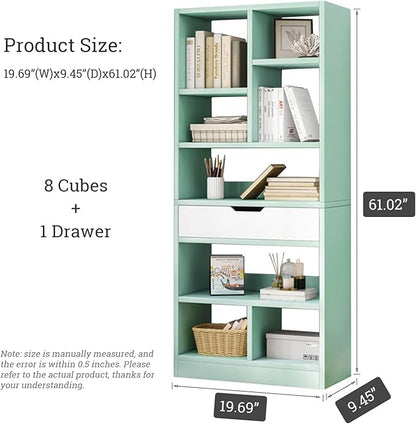 Wooden 8-Cube Bookcase with Drawer, Freestanding Storage Cabinet Organizer, Tiffany Green