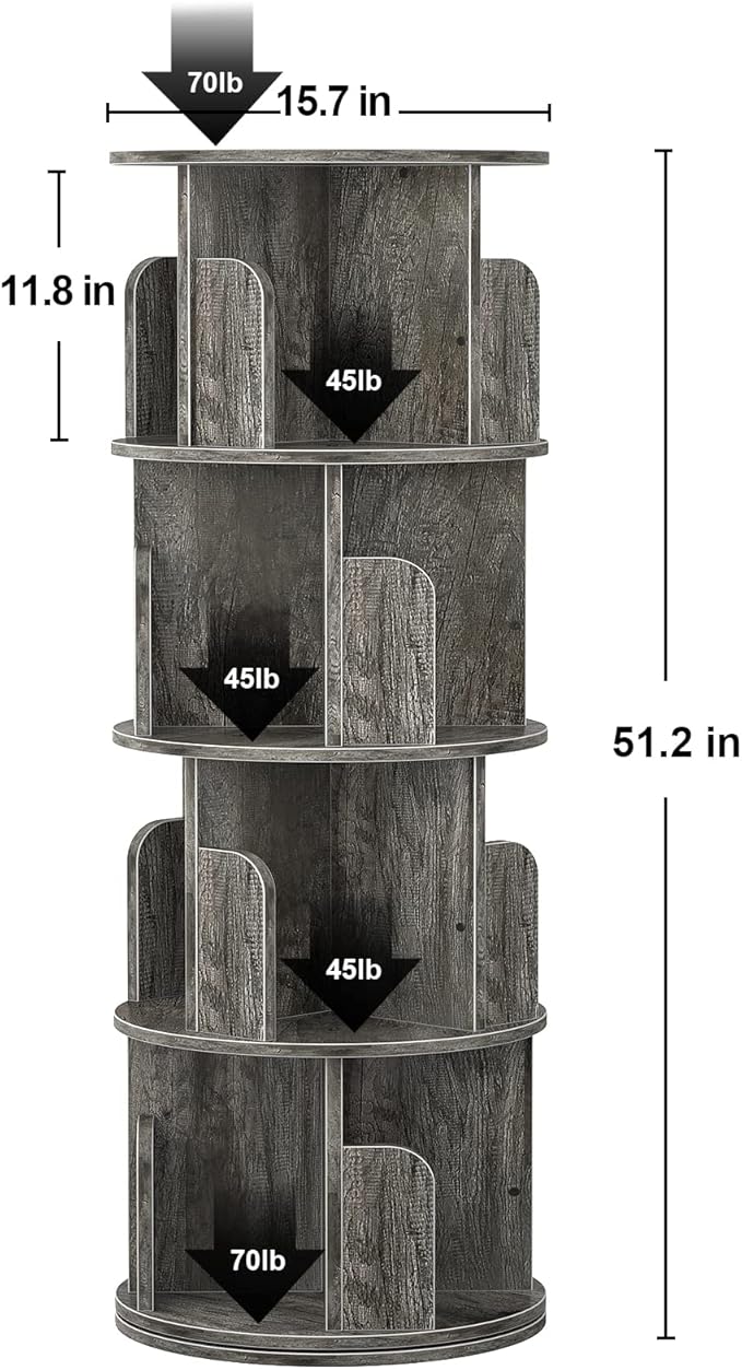 Rotating 4-Tier Bookshelf, 360° Corner Bookcase Storage Rack for Small Spaces, Grey Oak