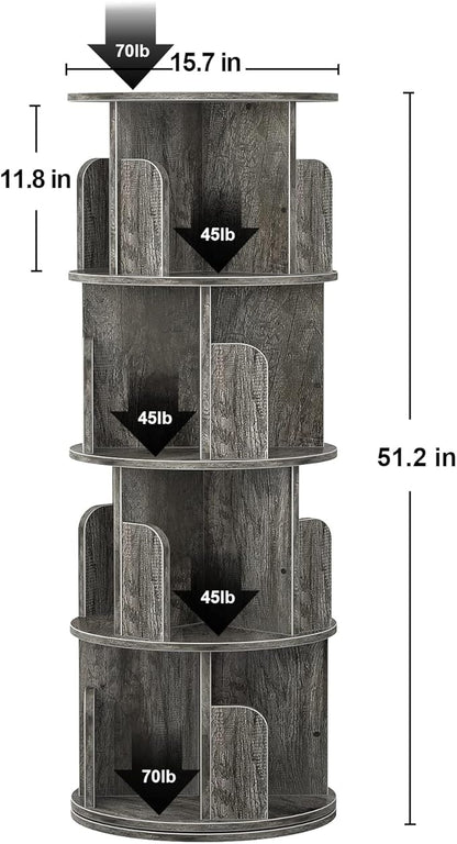Rotating 4-Tier Bookshelf, 360° Corner Bookcase Storage Rack for Small Spaces, Grey Oak