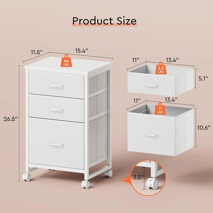 3-Drawer Mobile Fabric File Cabinet with Wheels – A4/Letter Size, White