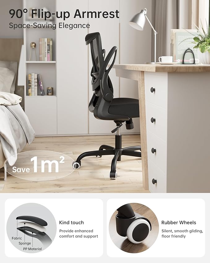 Ergonomic Office Chair with Adjustable Lumbar Support, Flip-Up Armrests, Breathable Mesh – Black