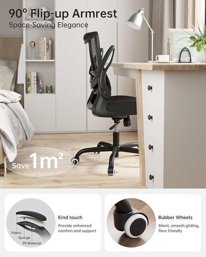 Ergonomic Office Chair with Adjustable Lumbar Support, Flip-Up Armrests, Breathable Mesh – Black