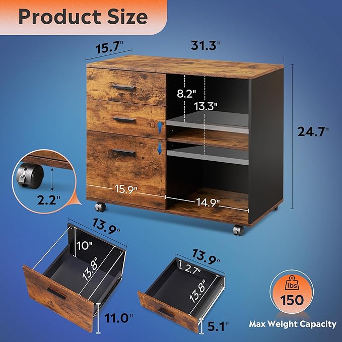 3 Drawer Mobile File Cabinet with Shelves, Wood Lateral Filing Cabinet and Printer Stand for Home Office, Rustic Brown