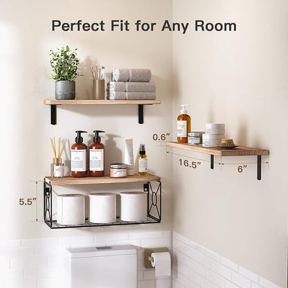 Over Toilet Bathroom Shelf with Storage Basket, Floating Wall Shelves for Home, Kitchen, Living Room – Natural Wood