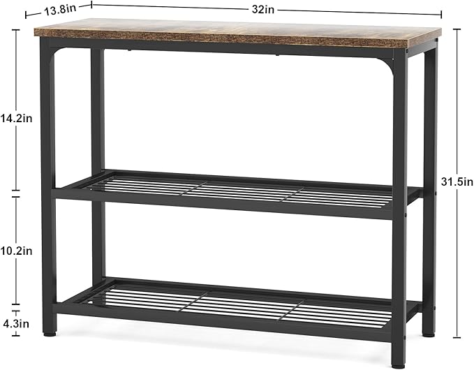 32" Industrial Console Table with Double Mesh Shelves for Entryway & Living Room