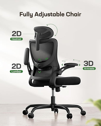 Ergonomic Office Chair with High Back, Mesh, Adjustable Lumbar Support, 3D Armrests, Headrest, and Swivel Wheels