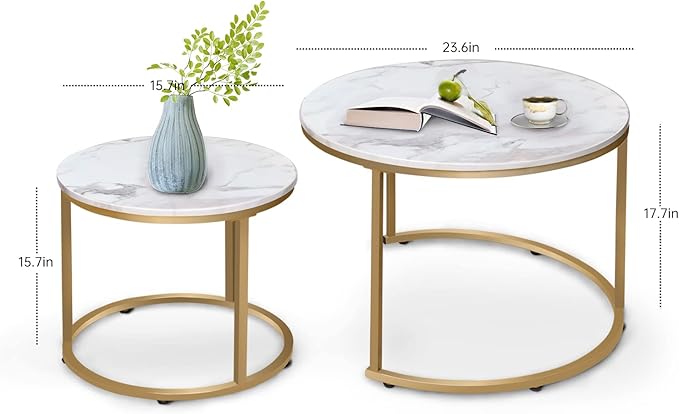 Nesting Coffee Table Set of 2, Round Marble Pattern with Gold Frame for Living Room & Bedroom