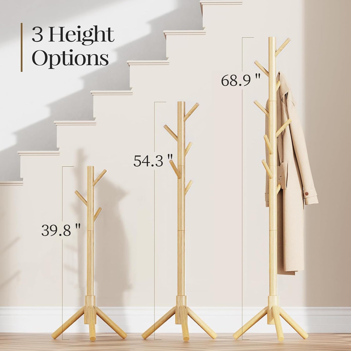 Wooden Coat Rack Stand with Adjustable Height and 8 Hooks for Entryway, Bedroom, or Office