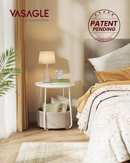 Small Round Side Table with Fabric Basket, Modern Nightstand, White and Brown