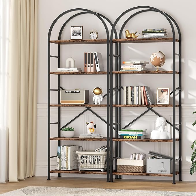 Arched 5-Tier Bookshelf, Rustic Brown Storage Bookcase for Home or Office