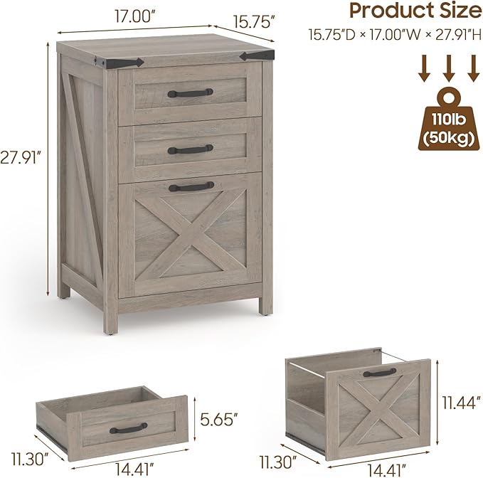 3-Drawer Vertical File Cabinet – Farmhouse Wood Storage, Fits Letter/A4, Grey