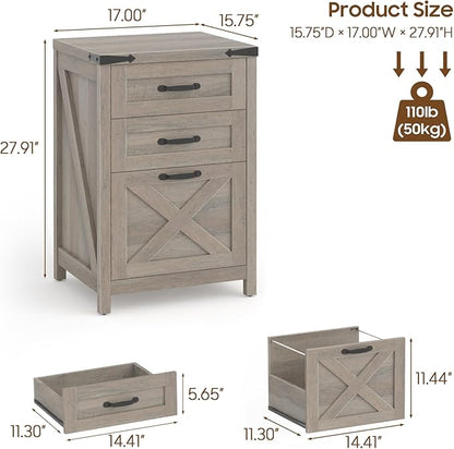 3-Drawer Vertical File Cabinet – Farmhouse Wood Storage, Fits Letter/A4, Grey