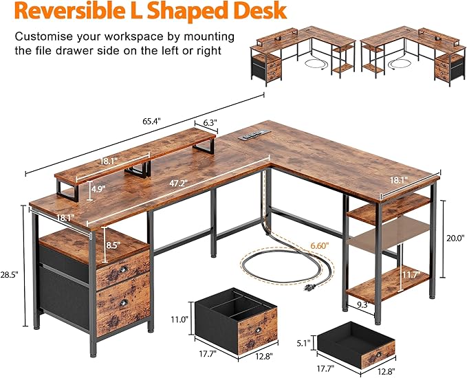 L-Shaped Computer Desk with Power Outlet, File Drawer, Monitor Stands & Storage Shelves for Home Office or Gaming