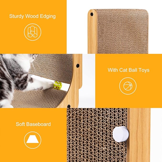 L-Shaped Cat Scratcher, 26.8" Cardboard Scratching Pad with Ball Toy & Catnip, Furniture Protector for Indoor Cats, Large