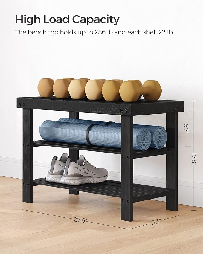 3-Tier Bamboo Shoe Rack Bench with Storage, Black – Entryway Organizer and Seat