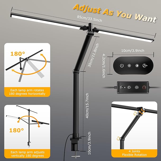 LED Desk Lamp with Remote, Dual Monitor Light, Stepless Dimming & Memory Function – Black