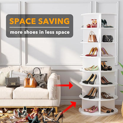 7-Tier Rotating Shoe Rack Tower, 360° Spinning Shoe Organizer Carousel for Closet Storage, White