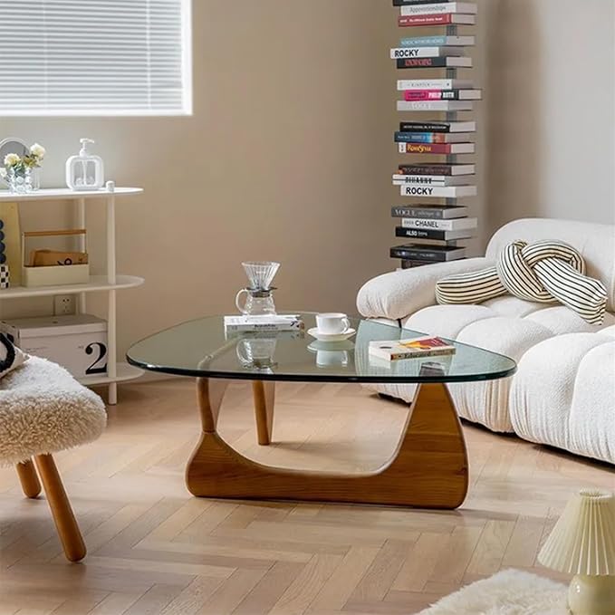 Modern Glass Coffee Table, Round Abstract Tea Table with Walnut Base for Living Room