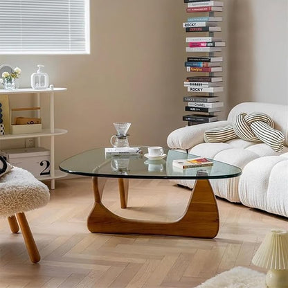 Modern Glass Coffee Table, Round Abstract Tea Table with Walnut Base for Living Room