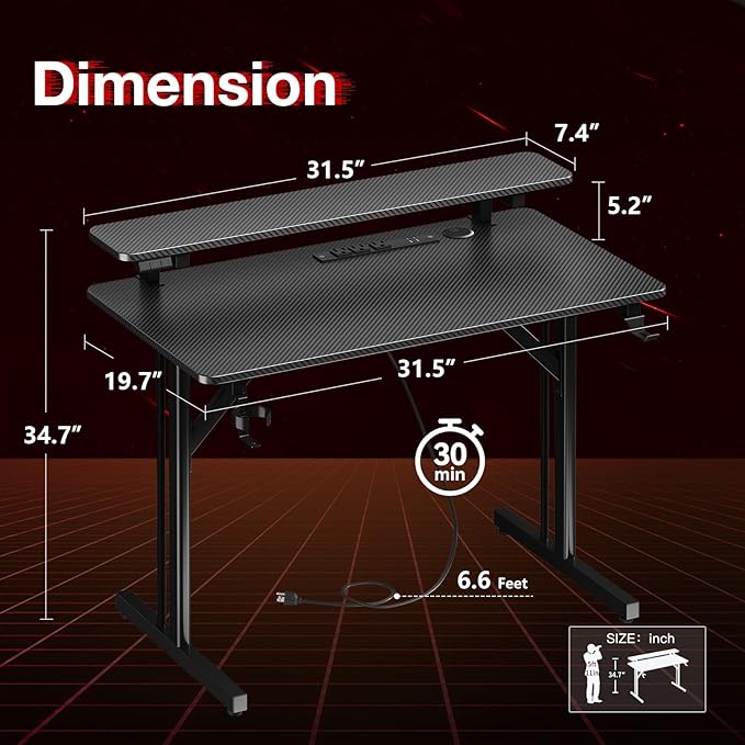 32" Gaming Desk with LED Lights, Power Outlets & Monitor Shelf, Carbon Fiber Texture