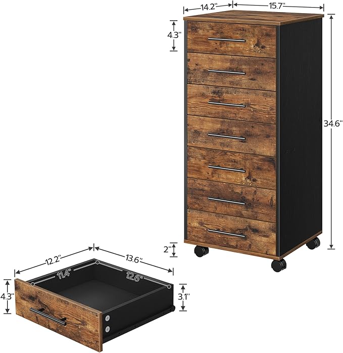 7-Drawer Wooden File Cabinet with Mobile Storage – Rustic Brown & Black