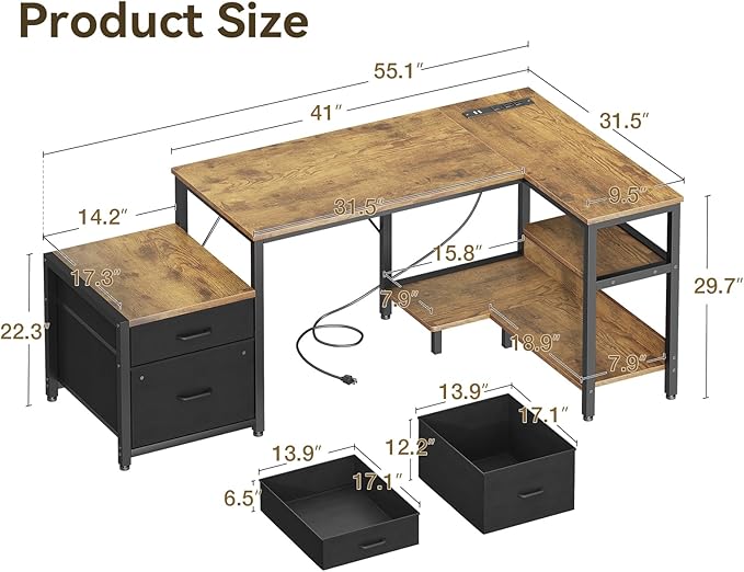 L Shaped Computer Desk with Drawers, File Cabinet, Storage Shelves, CPU Stand & Power Outlets – Rustic Brown