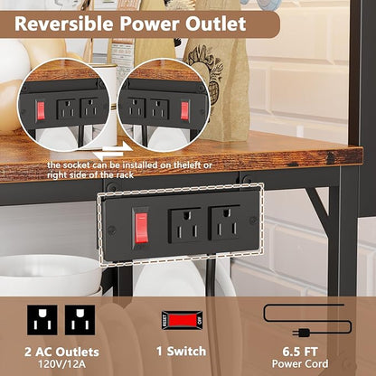 Kitchen Bakers Rack with Power Outlet, 4-Tier Microwave Stand with Storage, Coffee Bar Table with Hooks – Rustic Brown