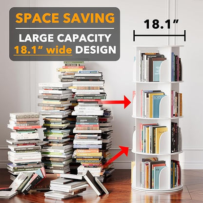4-Tier Rotating Bookshelf Tower, 360° Spinning Bookcase Carousel Organizer – White