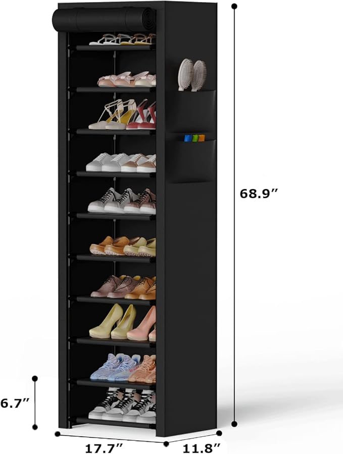10-Tier Vertical Shoe Rack with Dust Cover – Tall Narrow Closet Organizer, Black