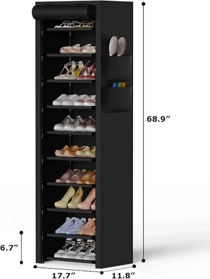 10-Tier Vertical Shoe Rack with Dust Cover – Tall Narrow Closet Organizer, Black