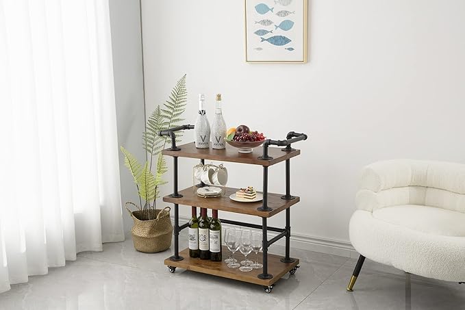 Industrial Bar Cart with Wine Rack and Shelves on Wheels