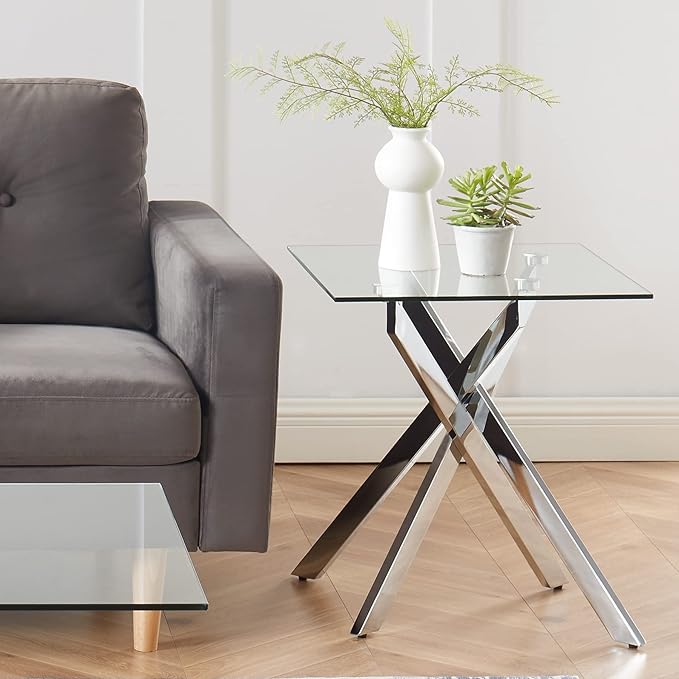 Square Glass Side Table with Metal Legs, Silver, 20”x20”x22”